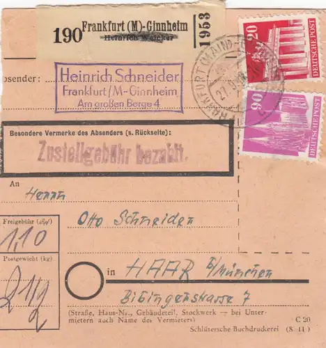 BiZone Paketkarte 1948: Frankfurt Ginnheim nach Haar