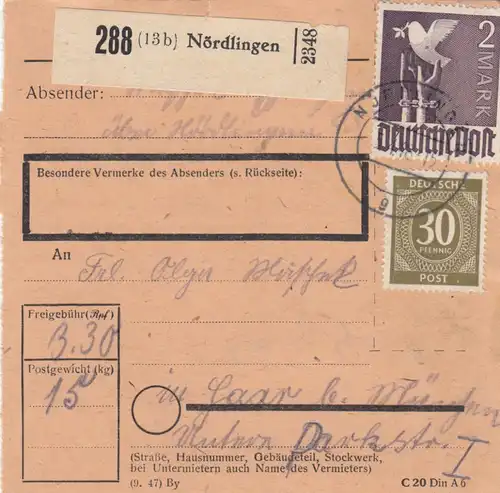 Carte de paquet 1948: Nördlingen après Haar bei Munich