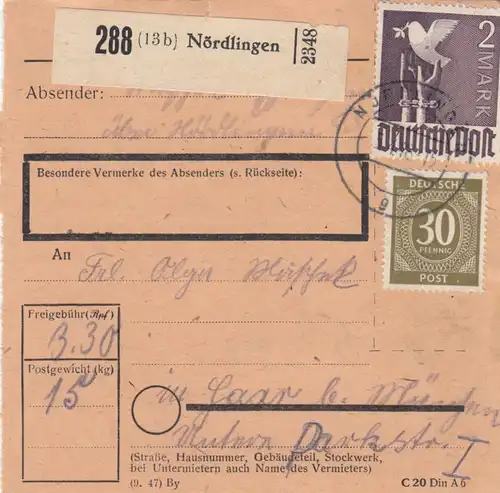 Paketkarte 1948: Nördlingen nach Haar bei München