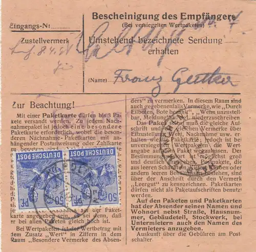 Paketkarte 1948: Nördlingen nach Haar bei München