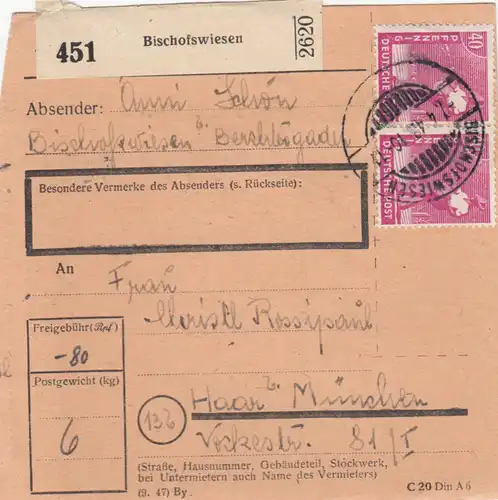 Paketkarte 1948: Bischofswiesen nach Haar