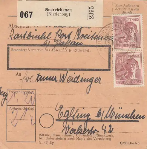 Paketkarte 1948: Neureichenau Breitenbach nach Eglfing