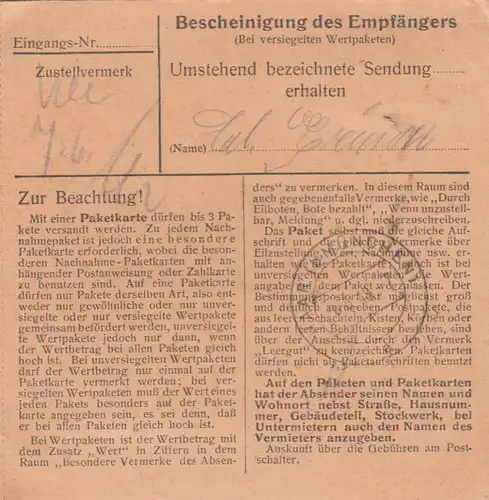 Paketkarte 1948: Neureichenau Breitenbach nach Eglfing
