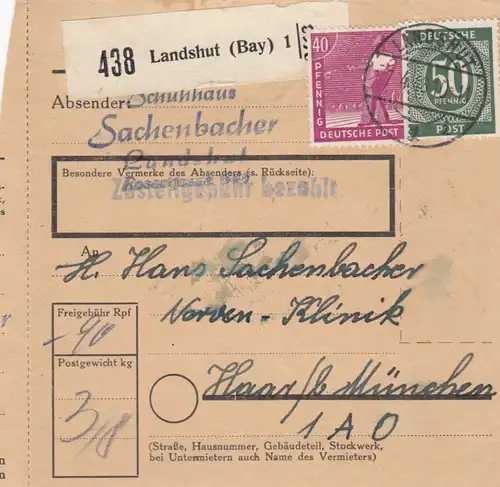 Carte de paquet 1948: Landshut, chaussures, après nerfs-linical cheveux