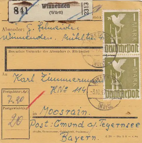 Carte de paquet 1947: Winnenden Württ. vers Moosrain Post Gmund