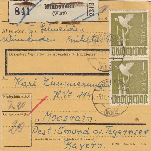 Paketkarte 1947: Winnenden Württ. nach Moosrain Post Gmund
