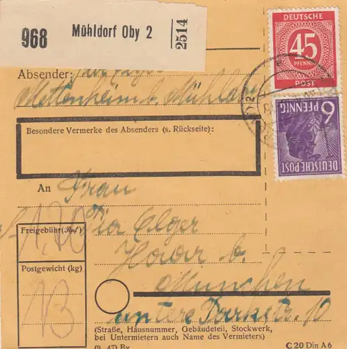 Paketkarte 1948: Mettenheim Mühldorf nach Haar