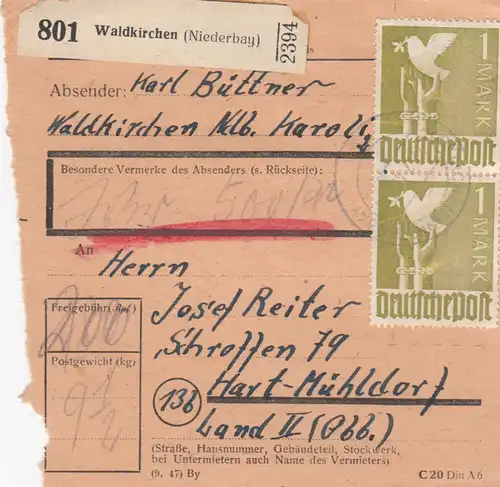 Paketkarte: Waldkirchen nach Hart Mühldorf, Wertkarte