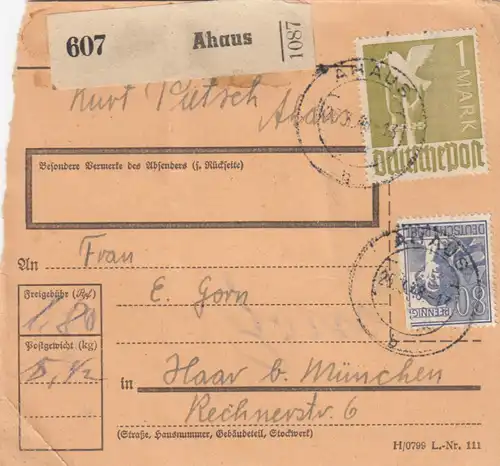 Paketkarte 1948: Ahaus nach Haar