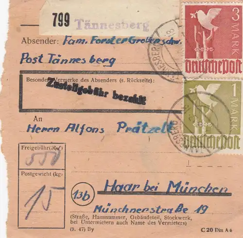 Carte de paquet 1948: Tännersberg vers Haar bei Munich