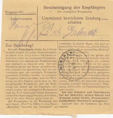 Paketkarte 1948: Dorfen Markt nach Eglfing