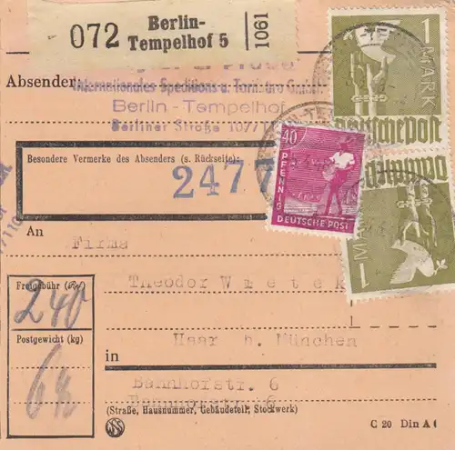 Carte de paquet 1948: Berlin-Tempelhof, Int. Spedition, b. Note 2477