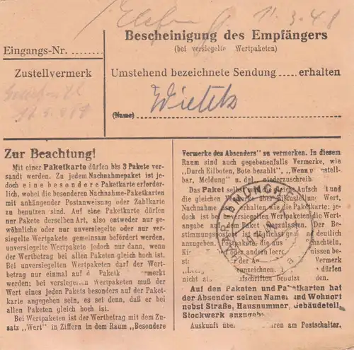 Carte de paquet 1948: Berlin-Tempelhof, Int. Spedition, b. Note 2477