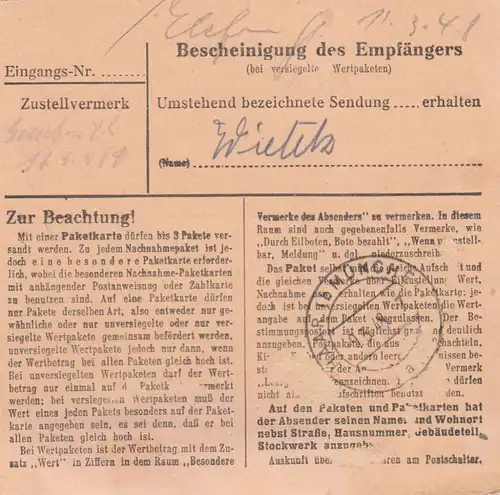 Paketkarte 1948: Berlin-Tempelhof, Int. Spedition, bes. Vermerk 2477