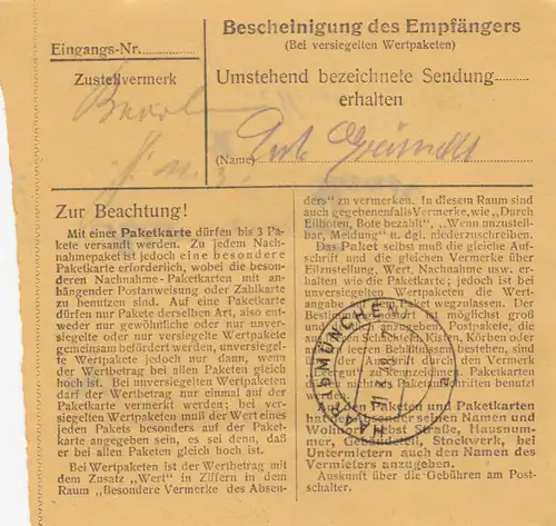 Carte de paquet 1948: Kirchdorf Abensberg après Eglfing Haar