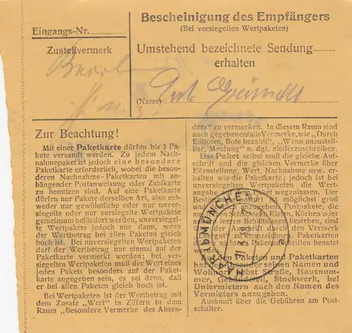 Paketkarte 1948: Kirchdorf Abensberg nach Eglfing Haar