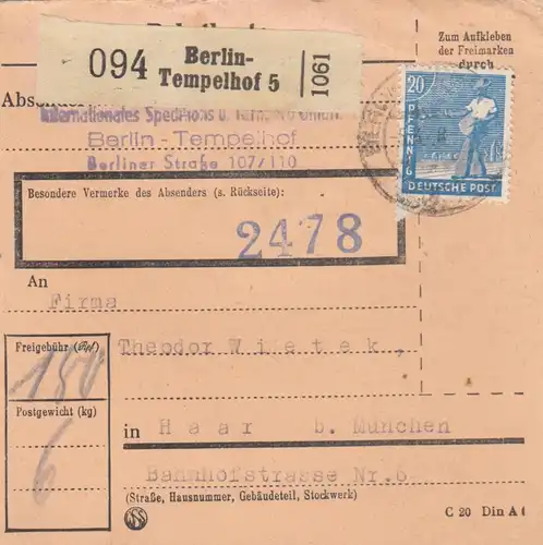 Carte de colis 1948: Berlin, Int. Spedition n. Haar, bes. Verm. 2478