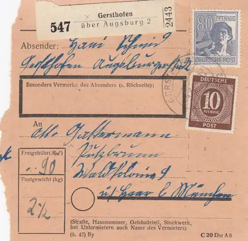Carte de paquet 1948: Gersthofen après Putzbrunn sur les cheveux