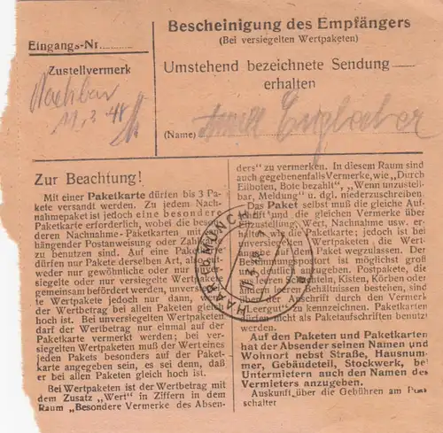 Carte de paquet 1948: Gersthofen après Putzbrunn sur les cheveux