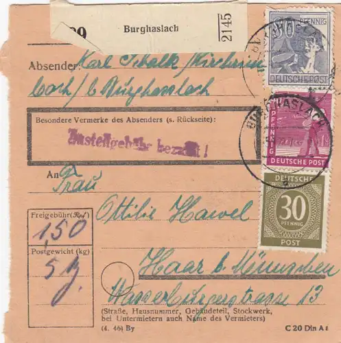 Paketkarte 1947: Burghaslach nach Haar b. München