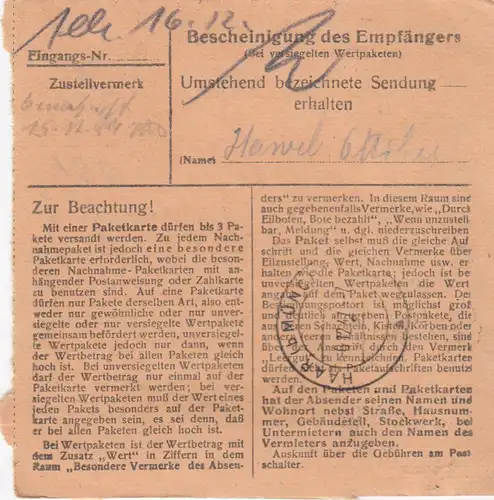 Carte de paquet 1947: Burghaslach par Haar b. Munich