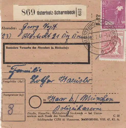 Paketkarte 1948: Allstedt Osterholz-Scharmbeck nach Haar, Polizeikaserne