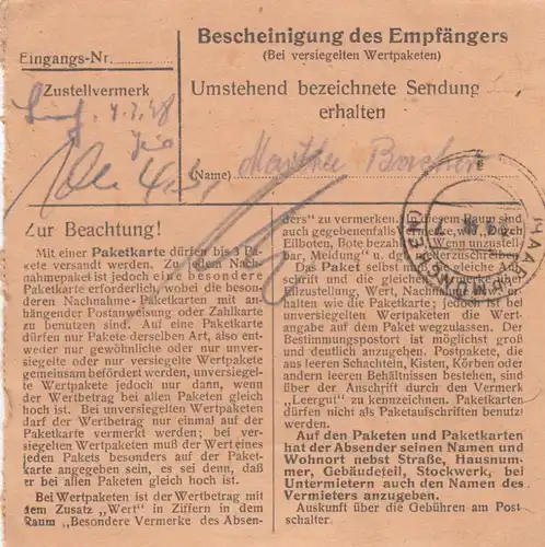 Paketkarte 1948: Zeitschriftenverlag München-Pasing nach Haar