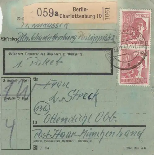 Carte de paquet 1947: Berlin-Charlottenburg vers Ottendihl, bes. Formulaire
