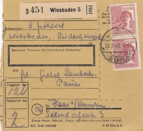 Carte de paquet 1948: Wiesbaden après Haar bei Munich