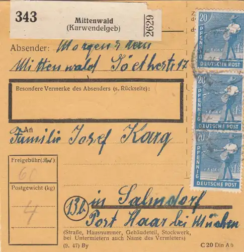Paketkarte: Mittenwald nach Salmdorf