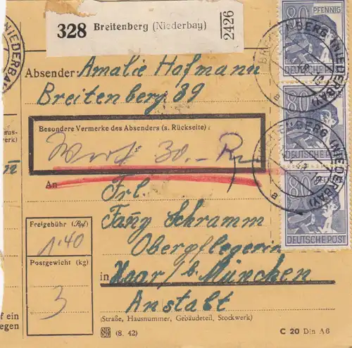 Carte de paquet 1948: Breitenberg après les cheveux, soin de l'opéra, carte de valeur