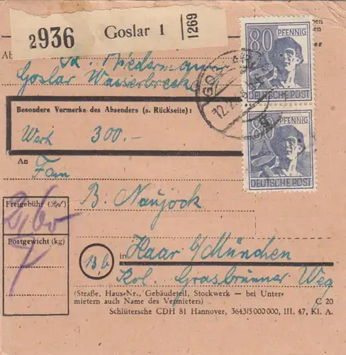 Carte de paquet 1948: Goslar par cheveux, carte de valeur
