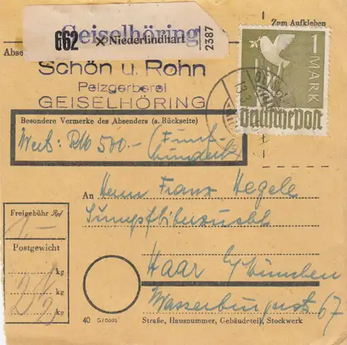 Paketkarte 1948: Pelzgerberei Niederlindhart nach Haar, Wertkarte 500 RM