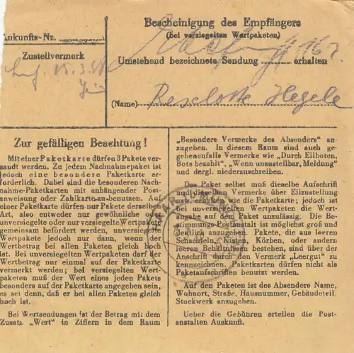 Paketkarte 1948: Pelzgerberei Niederlindhart nach Haar, Wertkarte 500 RM