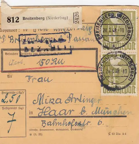 Carte de paquet 1948: Breitenberg par cheveux, carte 150 RM
