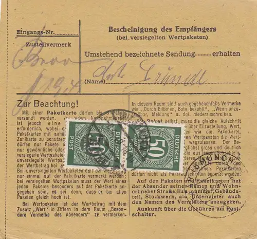 Paketkarte 1948: Wiesbaden nach Eglfing, Anstalt, Wertkarte