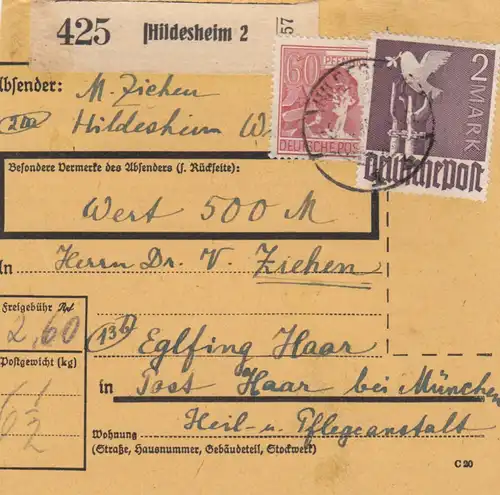 Carte de paquet 1948: Hildesheim vers Eglfing, asile, carte de valeur