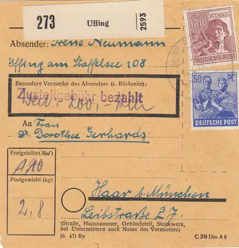 Paketkarte 1948: Uffing nach Haar, Wertkarte 200 RM