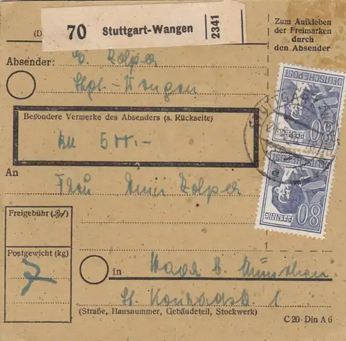 Paketkarte 1948: Stuttgart-Wangen nach Haar, Wertkarte