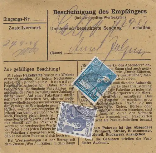 Carte de paquet 1948: Wangen de Stuttgart par Haar, carte de valeur