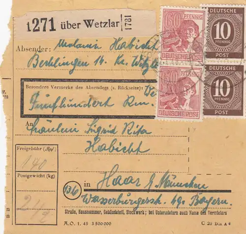 Carte de paquet 1948: Berklingen sur Wetzlar par cheveux, carte de valeur