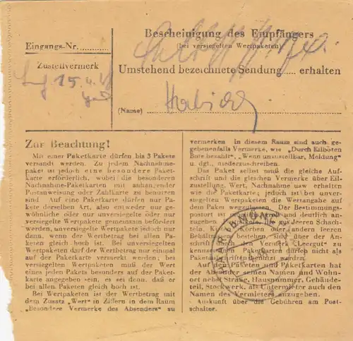 Paketkarte 1948: Berklingen über Wetzlar nach Haar, Wertkarte