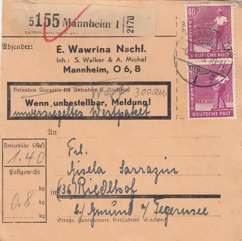 Carte de paquet 1948: Mannheim n. Riedlhof, Autob., paquet de valeur non scellé