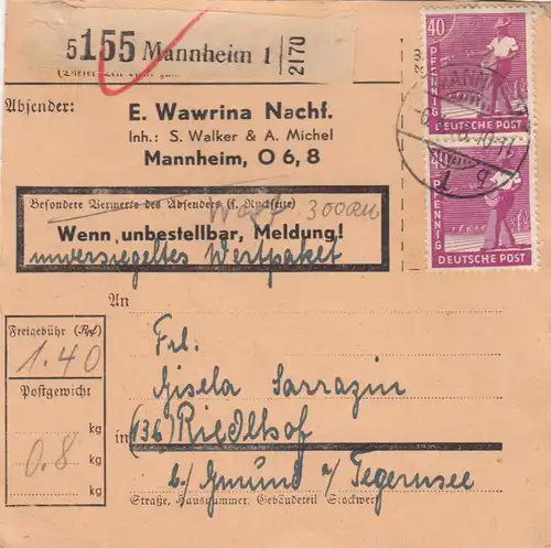 Paketkarte 1948: Mannheim n. Riedlhof, Selbstb., unversiegeltes Wertpaket