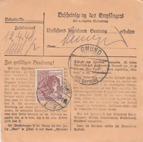 Paketkarte 1948: Mannheim n. Riedlhof, Selbstb., unversiegeltes Wertpaket