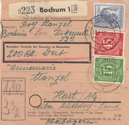 Carte de paquet 1948: Bochum vers Hart Mühldorf, carte de valeur