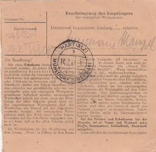 Paketkarte 1948: Bochum nach Hart Mühldorf, Wertkarte