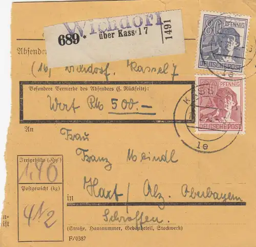 Paketkarte 1948: Wichdorf nach Hart Schroffen, Wertkarte