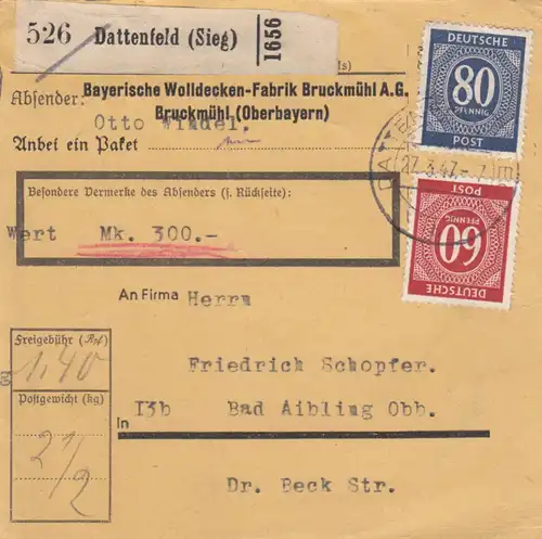 Carte de paquet 1947: Dattenfeld, couvertures, après Bad Aibling, carte de valeur