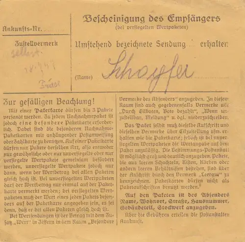 Paketkarte 1947: Dattenfeld, Wolldecken, nach Bad Aibling, Wertkarte